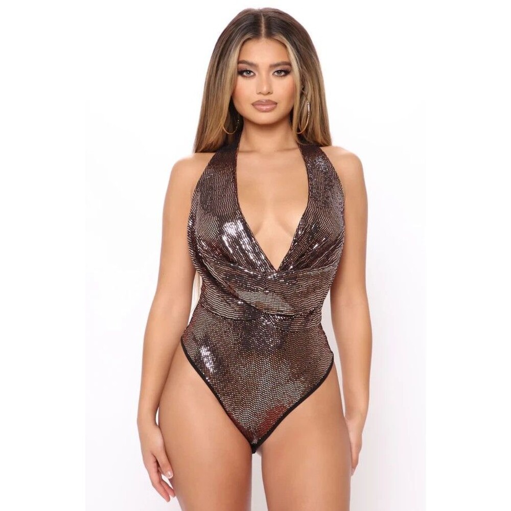 Fashion Nova Celene Disco Dot Bodysuit - Copper, shiny sparkeling MEDIUM NWT